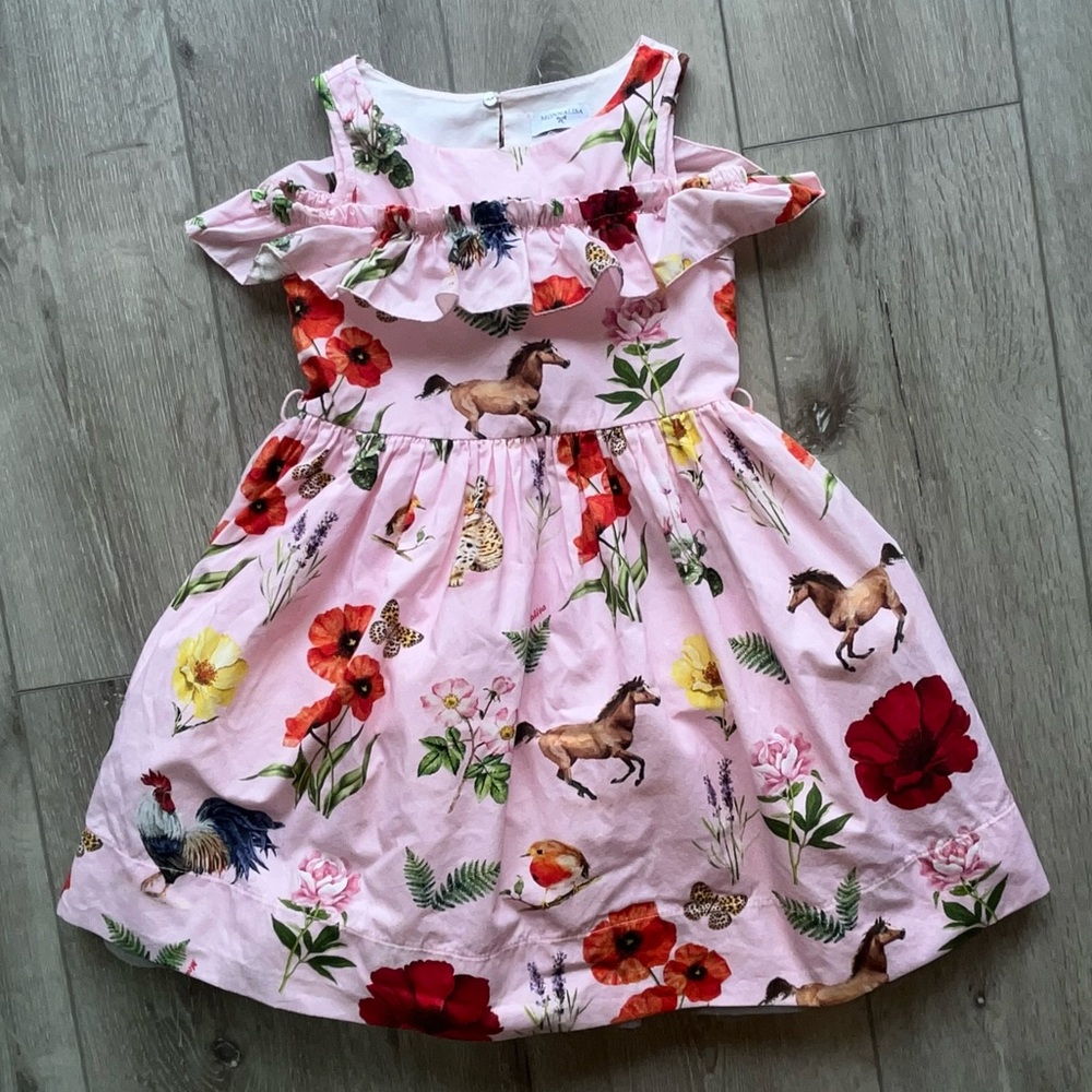 MonnaLisa Horse Pattern Dress Floral Tulle 6 Pink